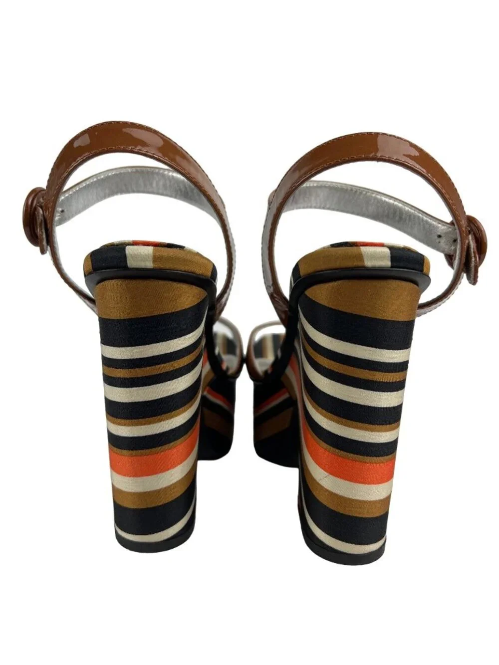 Prada Brown Patent Leather Peep-Toe Platform Heels With Striped Fabric Size 8.5